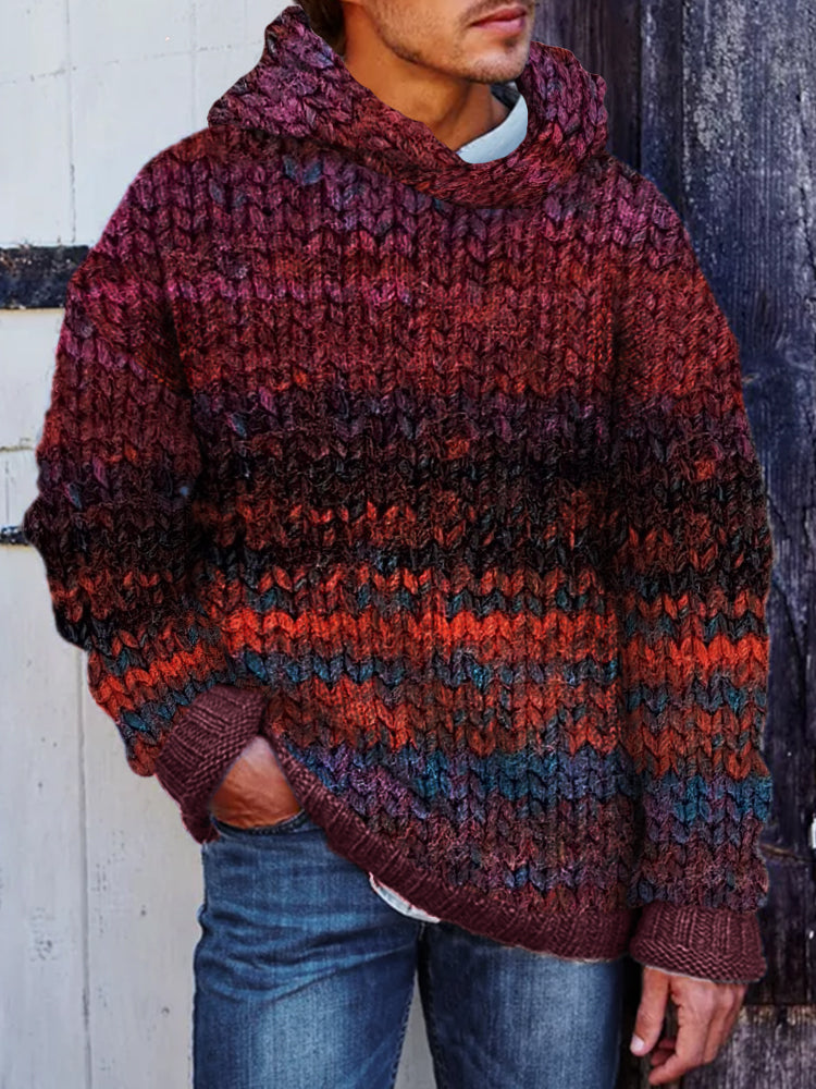 Men's Vintage Colorful Crochet Art Cozy Hooded Sweater elevenforest