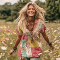 Women‘s Flower Embroidery Patchwork Art Print V-neck Short Sleeve Linen Blend T-shirt elevenforest