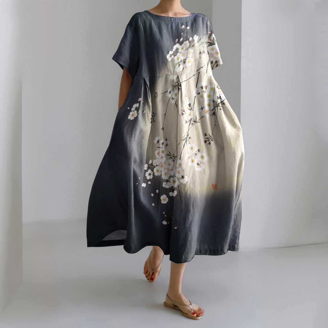 Japanese Art Flower Print Short Sleeve Casual Midi Dress elevenforest