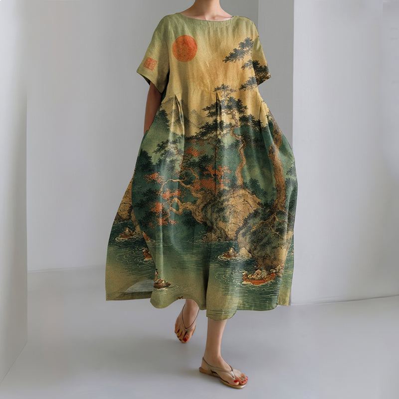 Comstylish Women's Japanese Art Print Short Sleeve Midi Dress