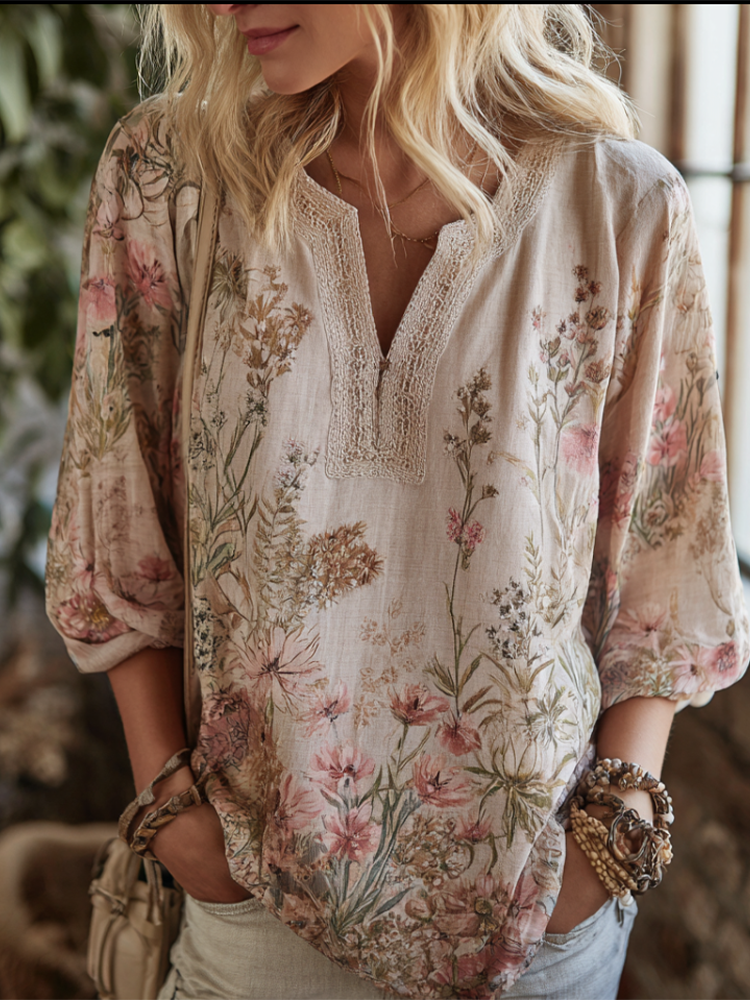 Retro Cotton And Linen Plant Flower Bohemian Style Women's V-neck Top elevenforest