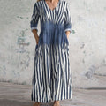Stripes Art Print V-neck Linen Blend Midi Dress elevenforest