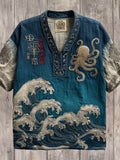 Japanese Wave & Octopus Art Men's Linen V-neck Shirt elevenforest