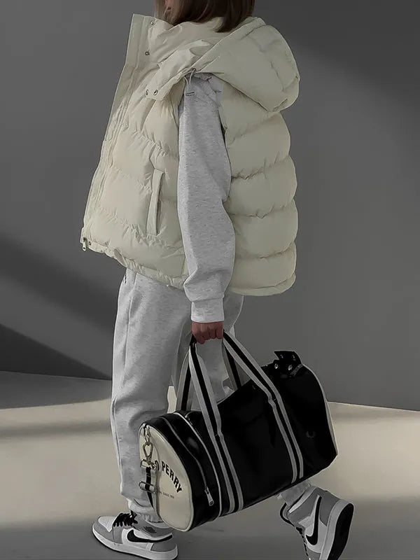 Loose Sleeveless Drawstring Split-joint Zipper Hooded Padded Vest