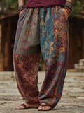 Western Bohemian Style Plant And Flower Pattern Retro Cotton And Linen Loose Wide-leg Pants elevenforest