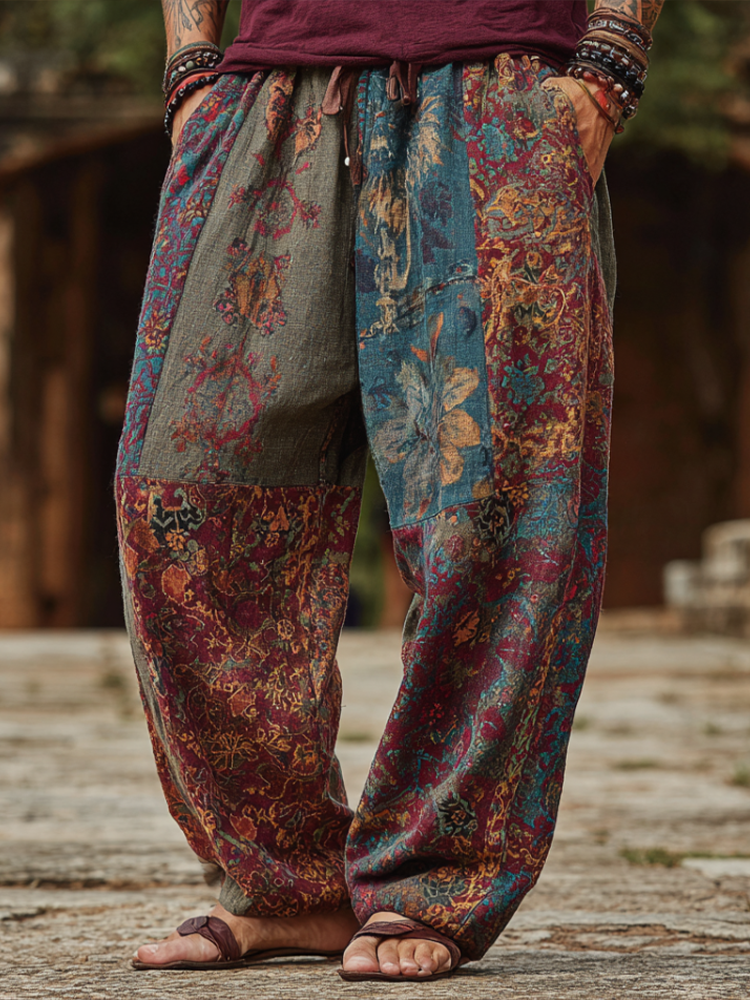 Western Bohemian Style Plant And Flower Pattern Retro Cotton And Linen Loose Wide-leg Pants elevenforest