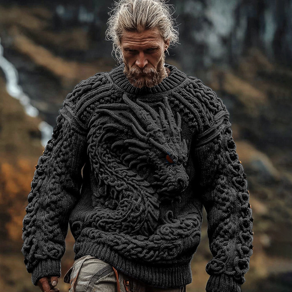 Men's Viking Dragon Celtic Knot Jacquard Chunky Knit Sweater elevenforest