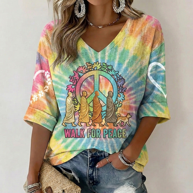 Comstylish Women's Retro Walk For Peace Monks With Aloka Dog In Hippie Tie Dye Art Print V Neck Linen Tops