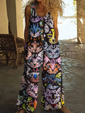 Vintage Cat Graffiti Print Women's Linen Vest Jumpsuit elevenforest