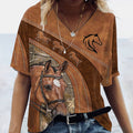 Comstylish Women's Vintage Western Horse Print V Neck T-shirt