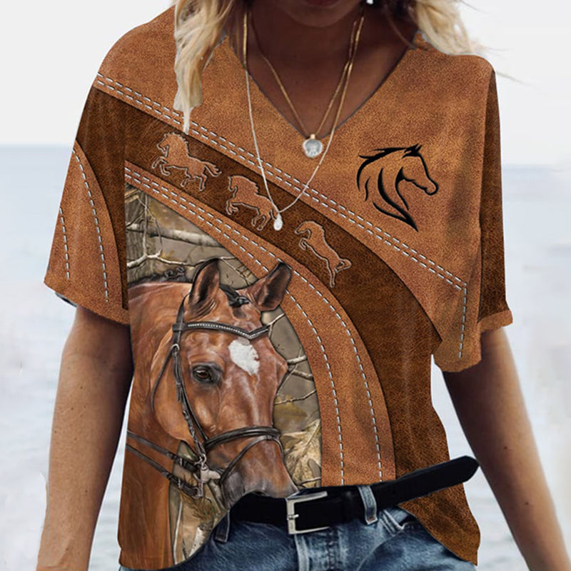 Comstylish Women's Vintage Western Horse Print V Neck T-shirt