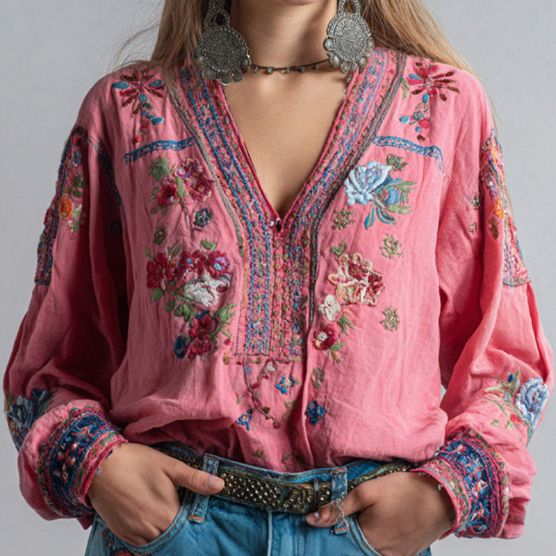 Women's Retro Ethnic Pink Awareness Flower Embroidery Printed Top elevenforest