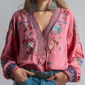 Women's Retro Ethnic Pink Awareness Flower Embroidery Printed Top elevenforest