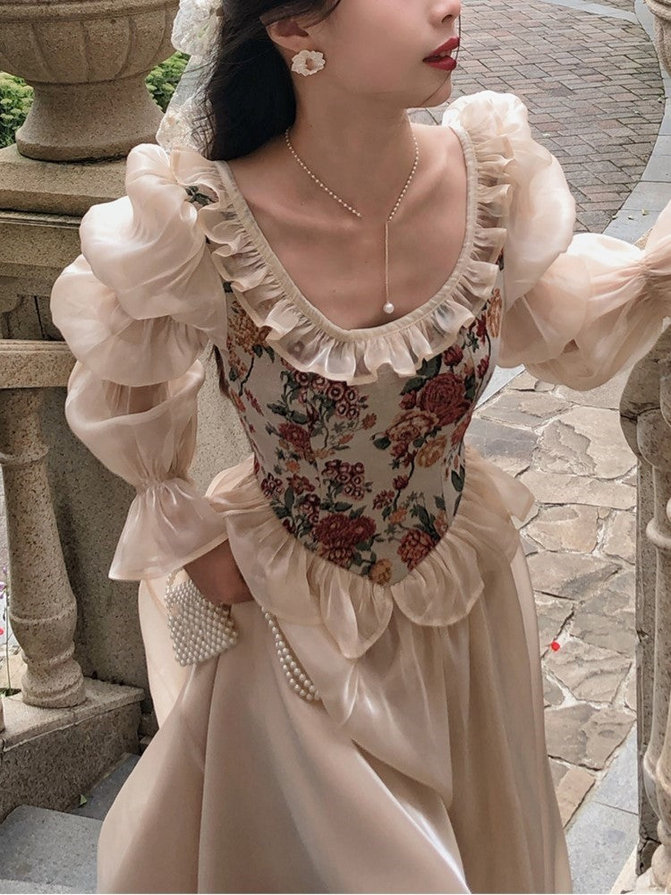 French Midi Dress Patchwork Puff Sleeve Ruffles A-line Autumn Spring Evening Party Prom Robe Vestidos Mujer