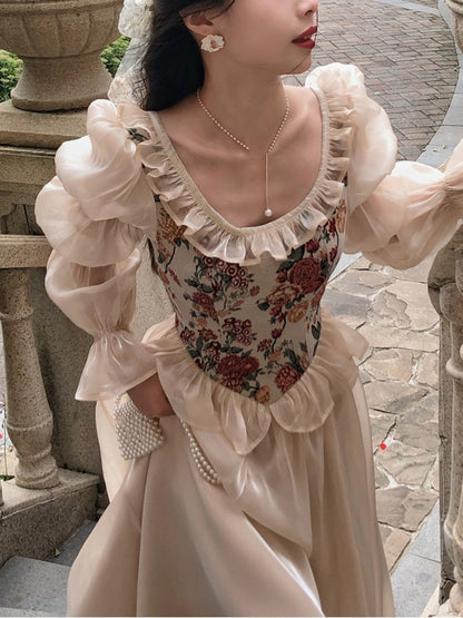 French Midi Dress Patchwork Puff Sleeve Ruffles A-line Autumn Spring Evening Party Prom Robe Vestidos Mujer