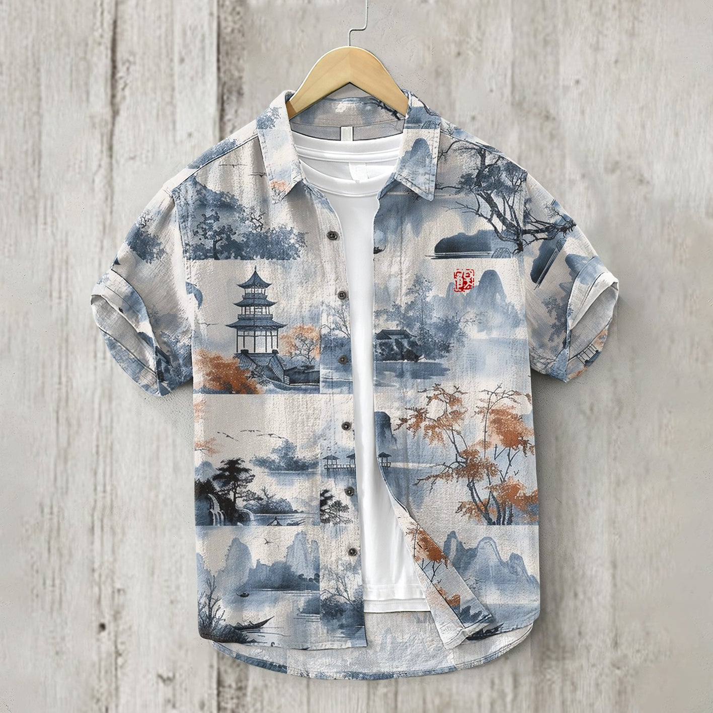 Japanese Landscape Forest Art Linen Blend Shirt elevenforest