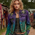 Women's Vintage Skull Rose Embroidered Gradient Denim Jacket elevenforest