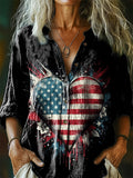 Women's Vintage Flag Love Art Print Casual Cotton Linen Shirt