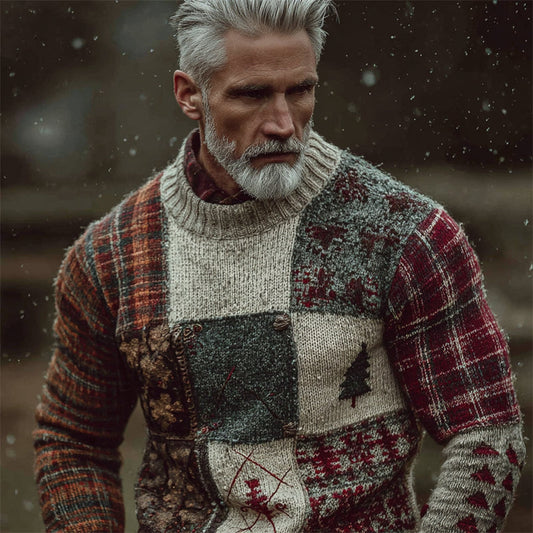 Men's Vintage Christmas Plaid Colorblock Cozy Knit Sweater artswardrobe