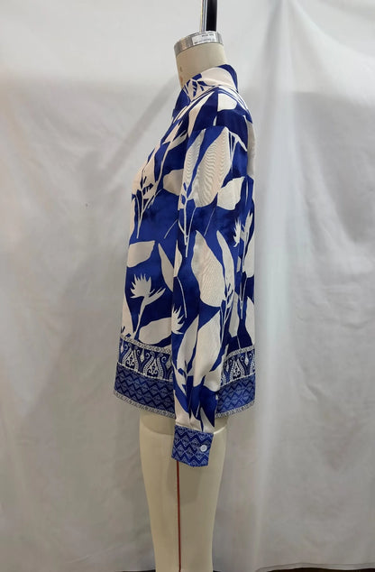 Spring Print Loose Collared Long Sleeves Shirt – Flower Pattern Blouse