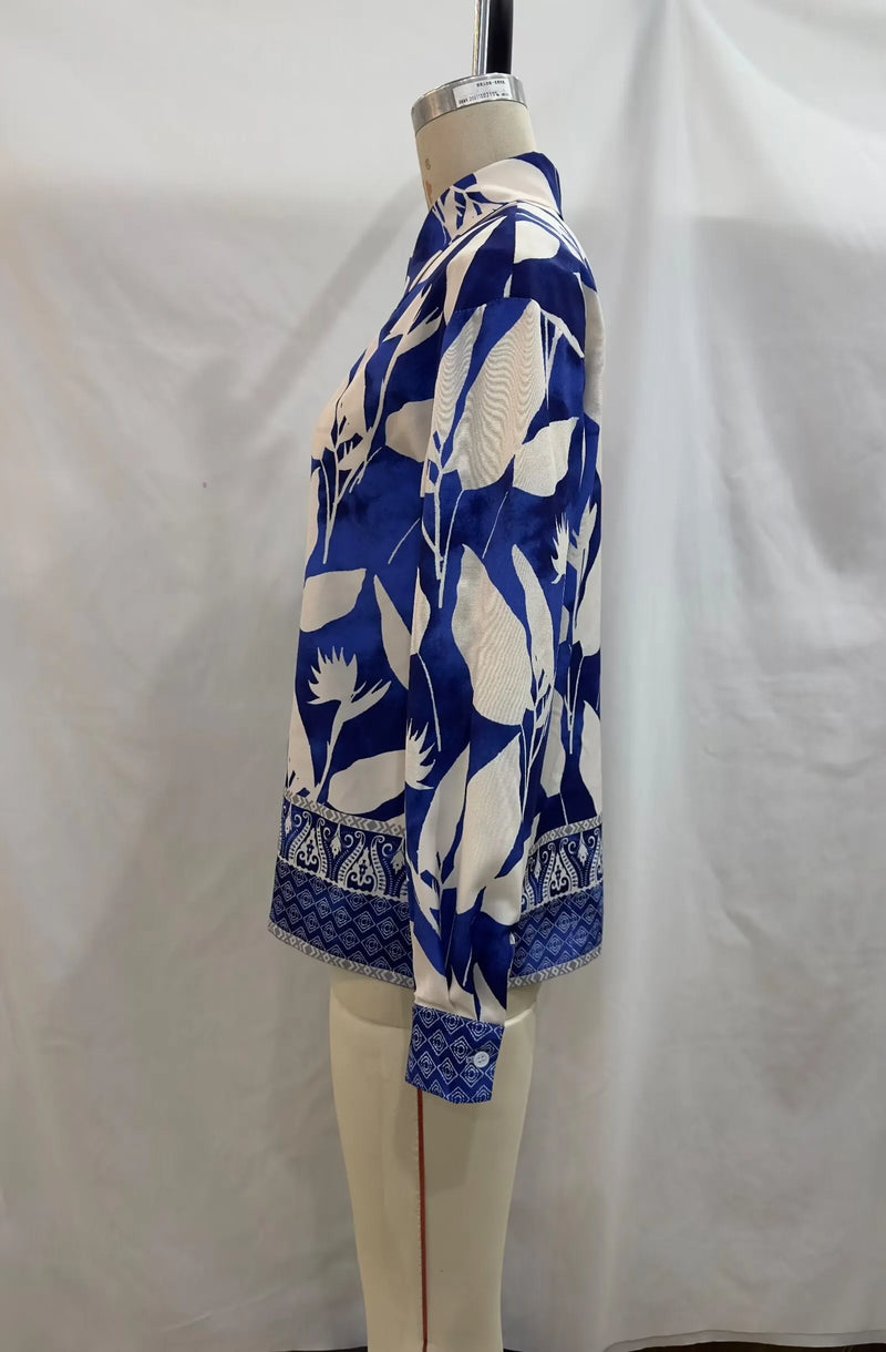 Spring Print Loose Collared Long Sleeves Shirt – Flower Pattern Blouse