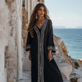 Elegant Greek Key V Neck Linen Blend Maxi Dress elevenforest