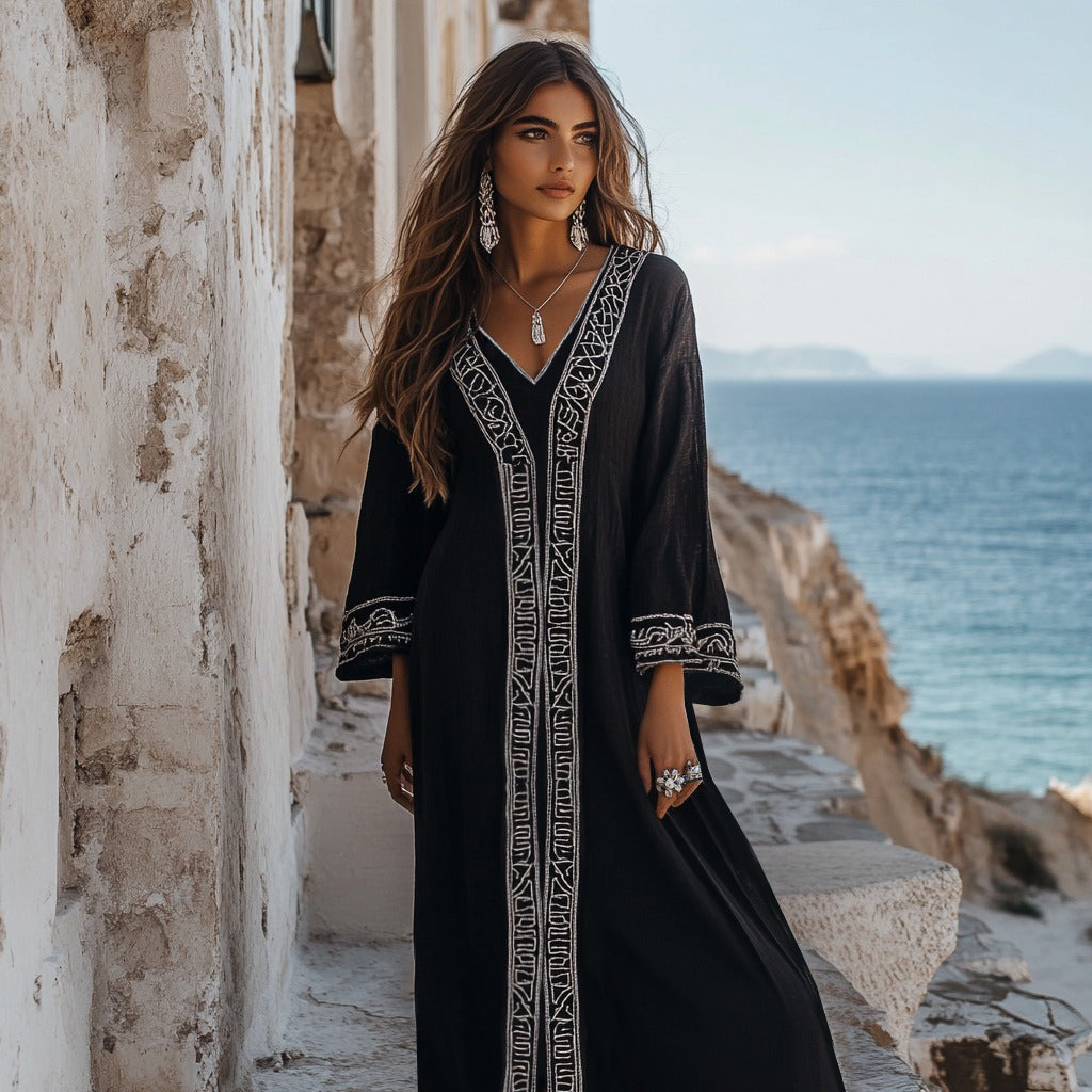Elegant Greek Key V Neck Linen Blend Maxi Dress elevenforest