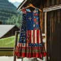 Vintage Boho America Flag With Floral In Faith Cross Independent Day Embroidered Cozy Linen Midi Dress elevenforest