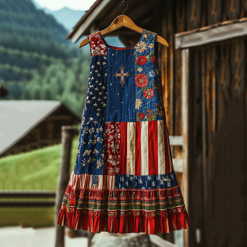 Vintage Boho America Flag With Floral In Faith Cross Independent Day Embroidered Cozy Linen Midi Dress elevenforest