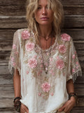 Women's Pink Rose Sequin Round-neck Short-sleeved Shirt elevenforest