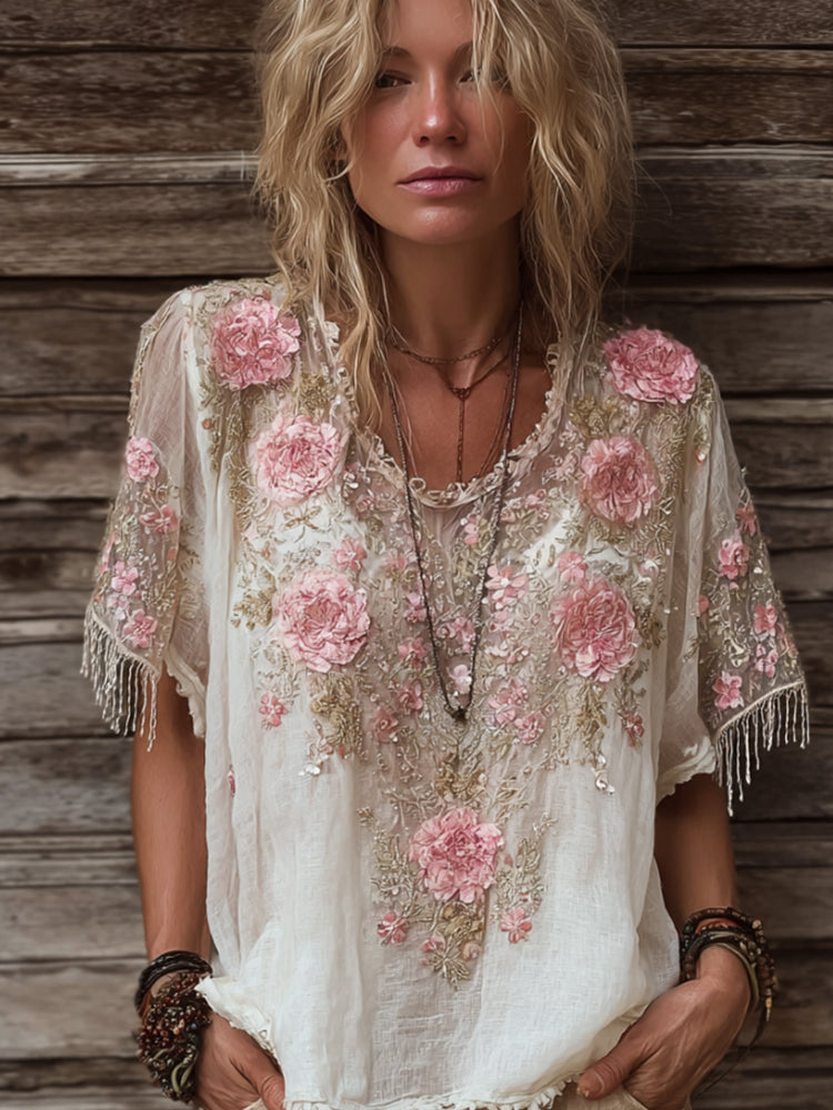 Women's Pink Rose Sequin Round-neck Short-sleeved Shirt elevenforest
