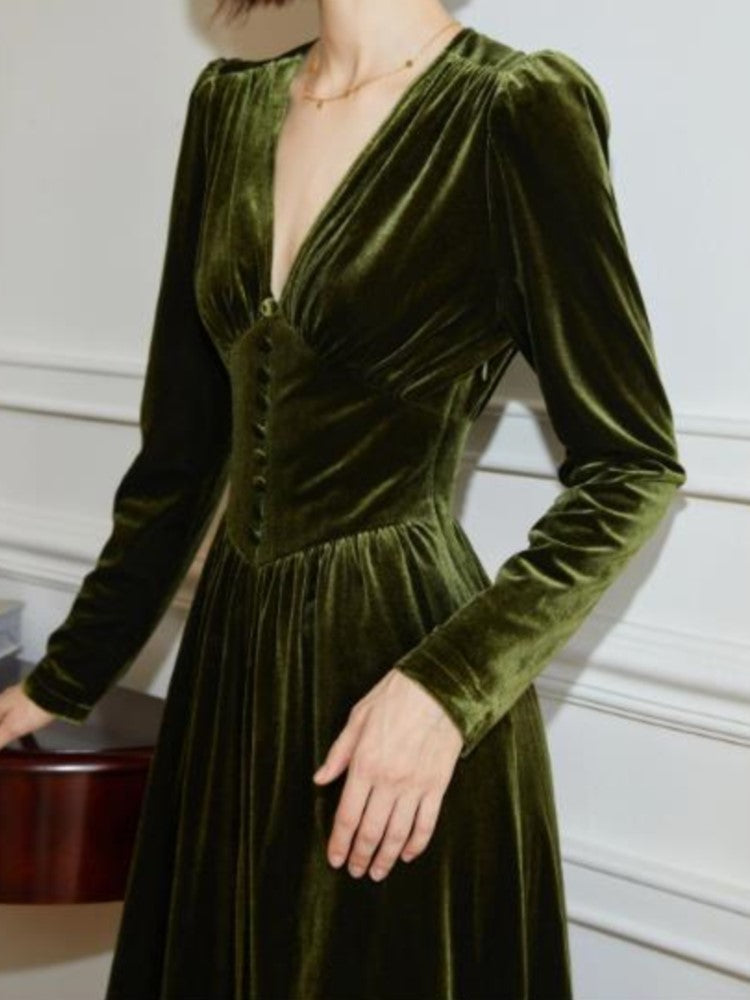 ’s Velvet Midi Dress Long Sleeve A-line French Party Dress Autumn Spring Prom Robe Vestidos Mujer New