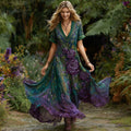 Women's Vintage Purple Rose Pattern V-neck Dress elevenforest