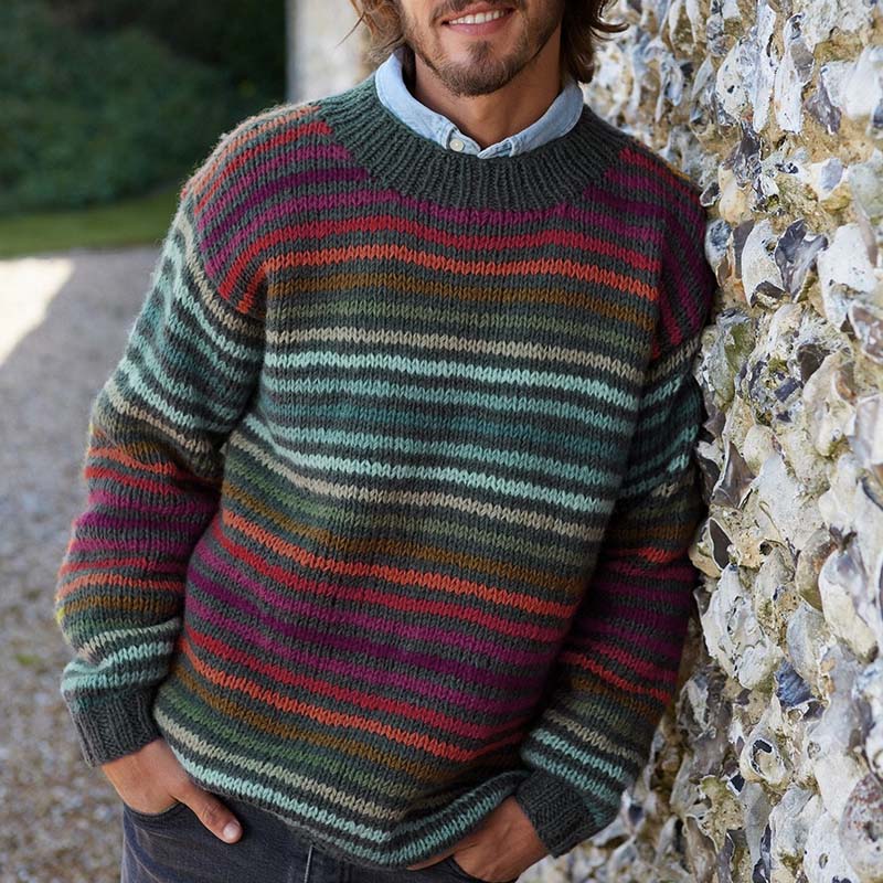 Vintage Rainbow Stripe Knit Jacquard Crew Neck Sweater（Unisex） elevenforest