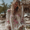 Women's Vintage Rose Floral Embroidery Casual V-neck Shirt elevenforest