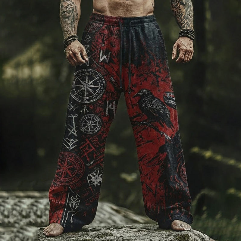Men's Retro Viking Raven Art Print Casual Pants elevenforest