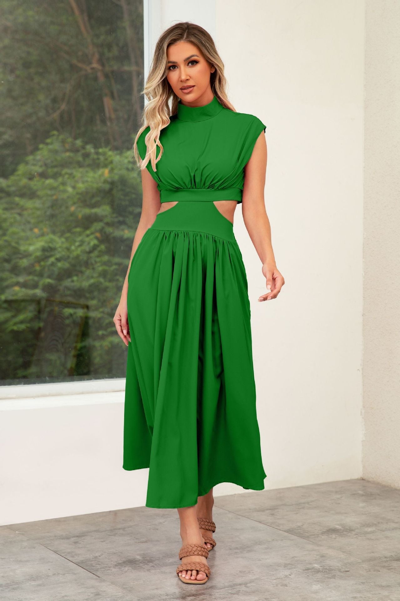 Self Made Real Shot Summer Sweet Stand Collar Macaron Color Cropped Outfit Maxi Dress