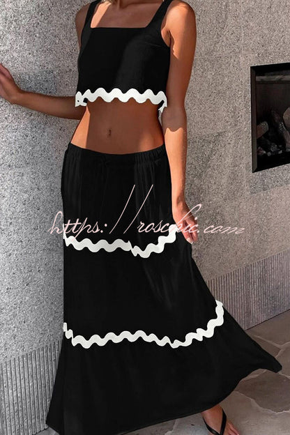 Napa Ric Rac Trims Sleeveless Crop Tank and Drawstring Elastic Waist Pocket Maxi Skirt