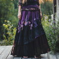 Women's Boho Lavender With Lace Patchwork Embroidered Art Linen Blend Skirt elevenforest