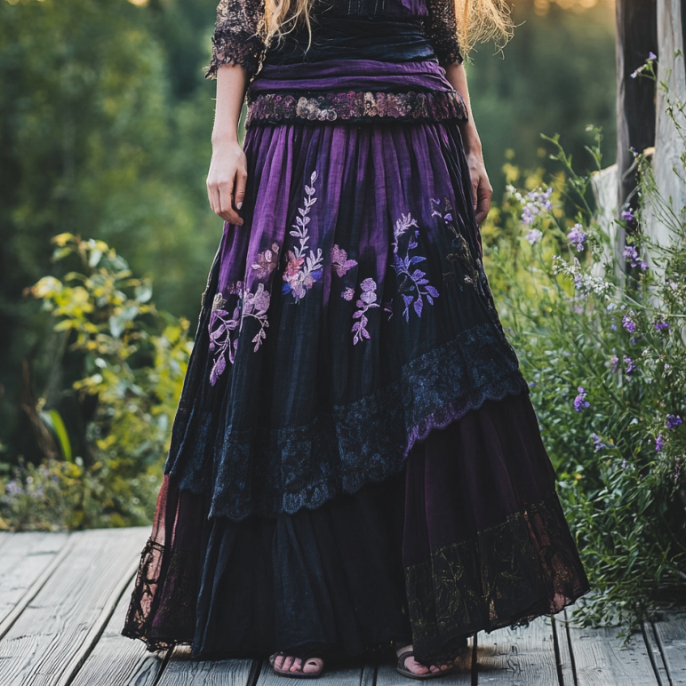 Women's Boho Lavender With Lace Patchwork Embroidered Art Linen Blend Skirt elevenforest