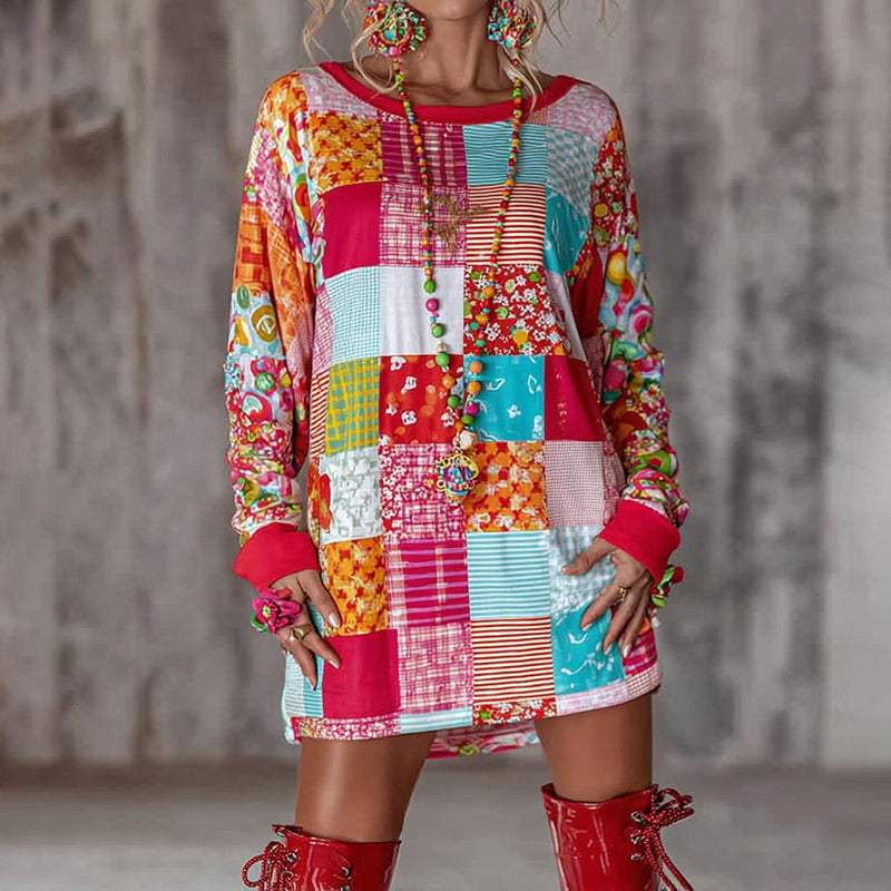 Comstylish Women's Abstract Color Block Plaid Print Mini Dress