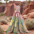 Women's Floral Patchwork Art Linen Tank Midi Dress（belt Not Included） elevenforest