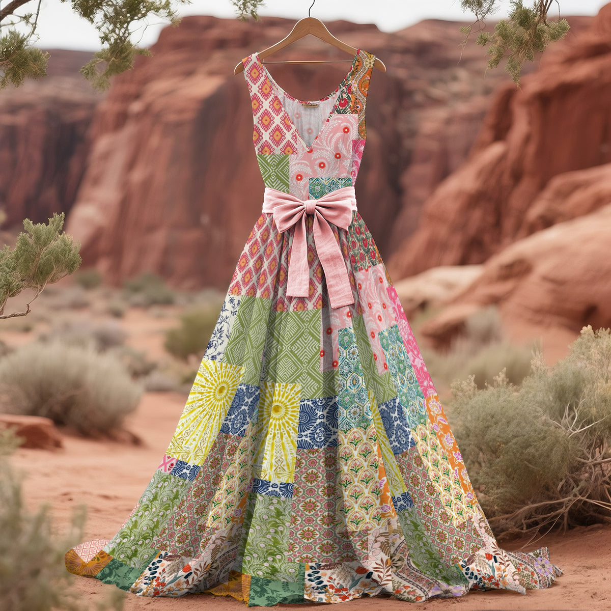 Women's Floral Patchwork Art Linen Tank Midi Dress（belt Not Included） elevenforest