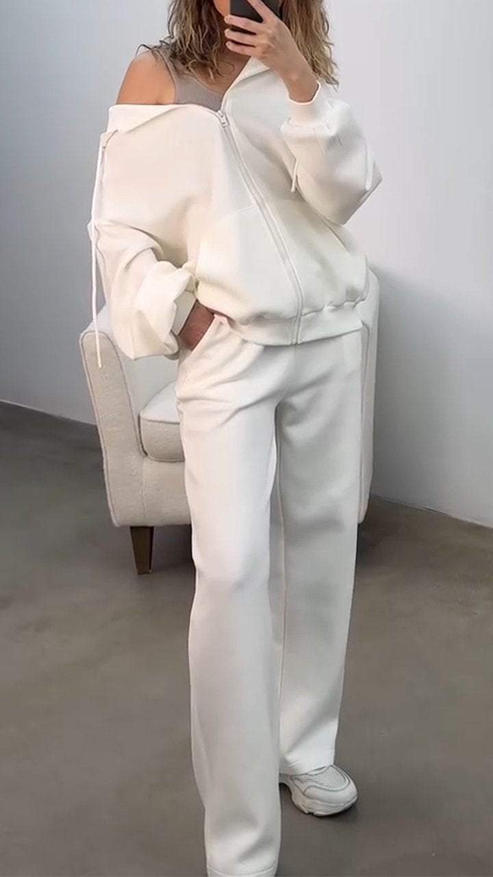 Hooded Long-sleeved Zipper Sweatshirt Suit