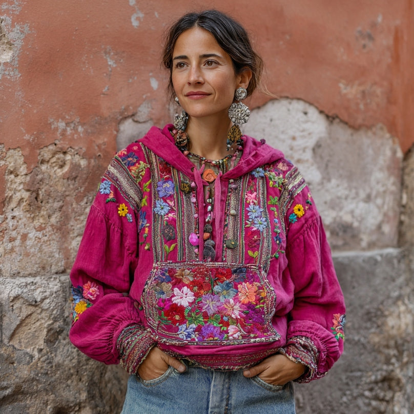 Women's Vintage Bohemian Floral Embroidery Long Sleeve Hoodie elevenforest