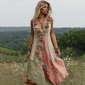 Women Vintage Floral Art V Neck Linen Maxi Dress elevenforest