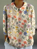 Women's Vintage Botanical Floral Patchwork Art Print Design Lapel Shirt elevenforest