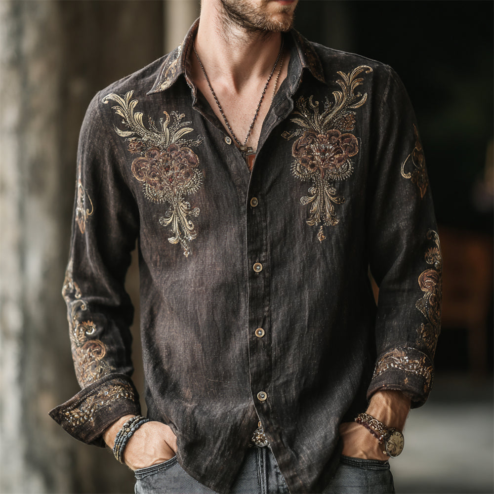 Vintage Western Floral Men's Linen Long Sleeve Shirt elevenforest