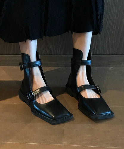 French Black Hollow Out Belt Buckle Sandals Boots Oi041