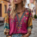 Women's Floral Embroidery Colorblock Art Linen Blend V-neck Boho Shirt elevenforest